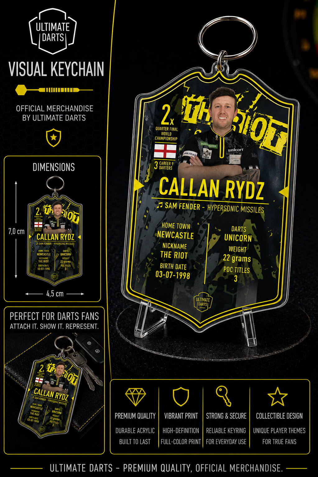 Ultimate Darts Callan Rydz Plexiglass Keychain