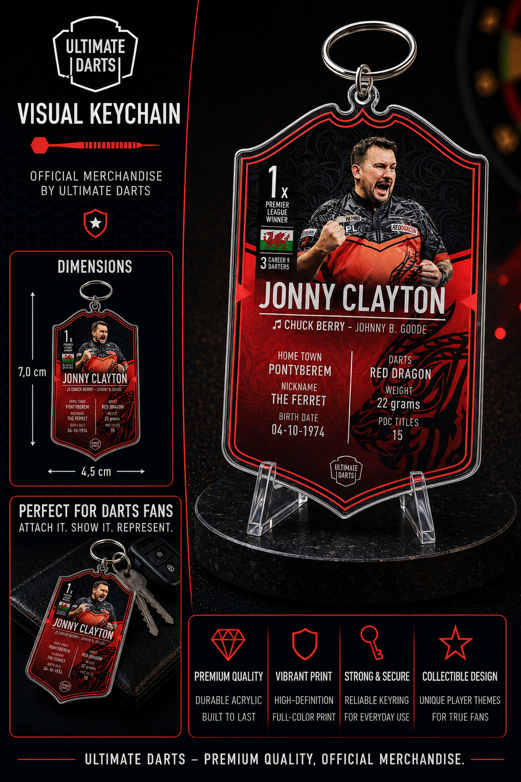 Ultimate Darts Jonny Clayton Plexiglass Keychain