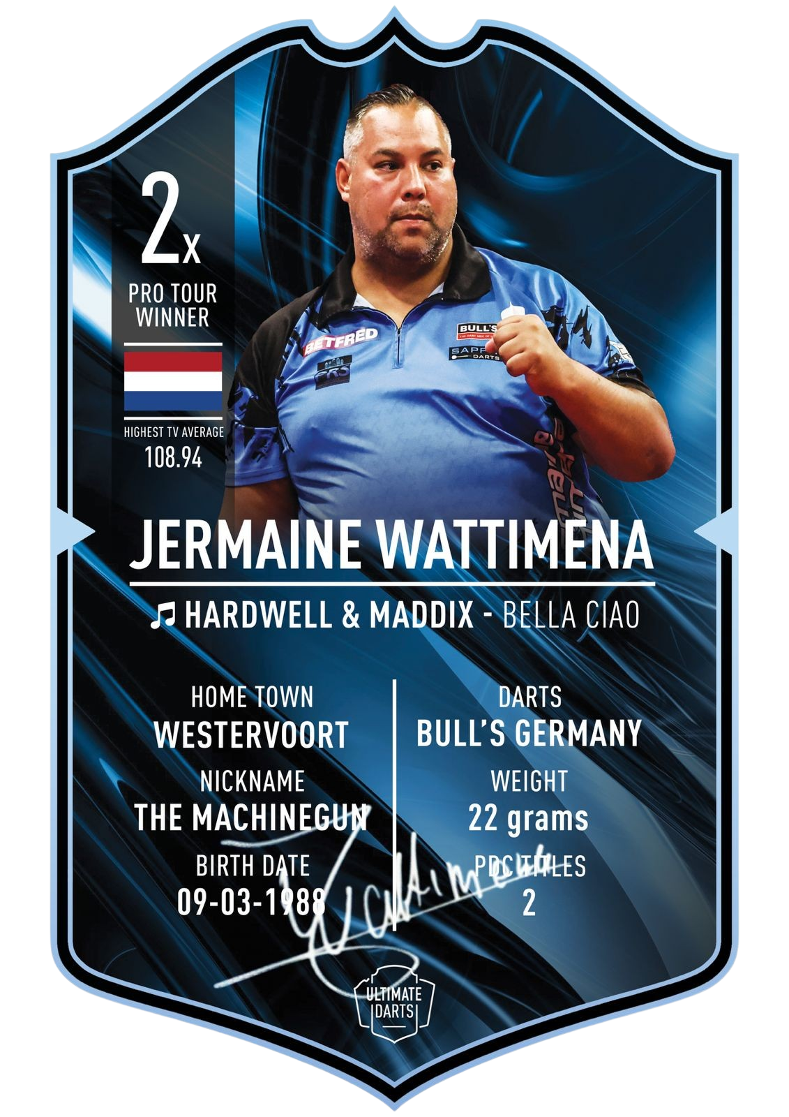 SIGNED JERMAINE WATTIMENA 2025 Mini Ultimate Darts Card