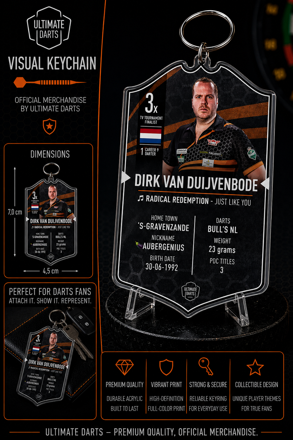 Ultimate Darts Dirk van Duijvenbode Plexiglass Keychain