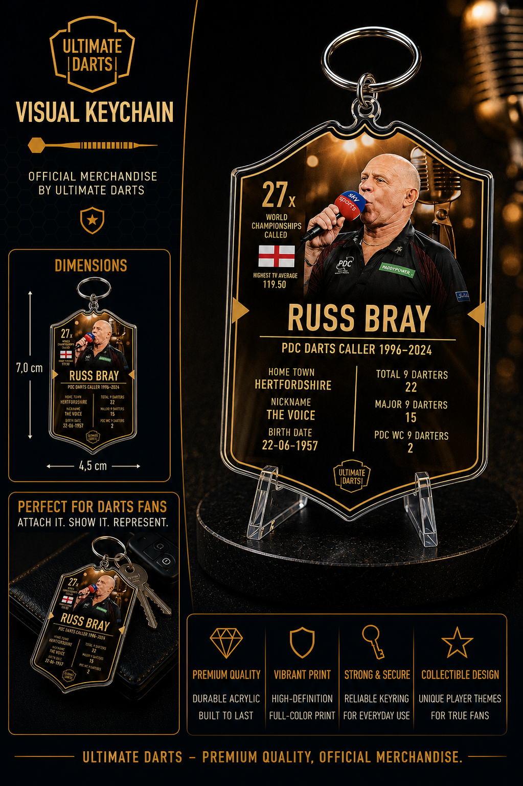 Ultimate Darts Russ Bray Plexiglass Keychain