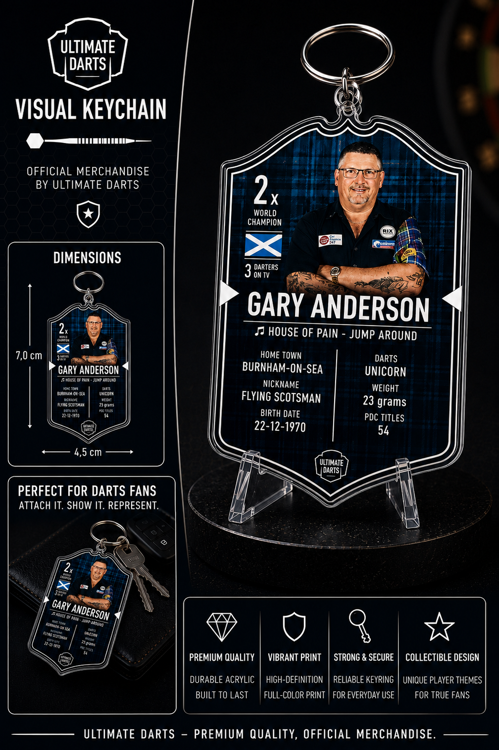 Ultimate Darts Gary Anderson Plexiglass Keychain