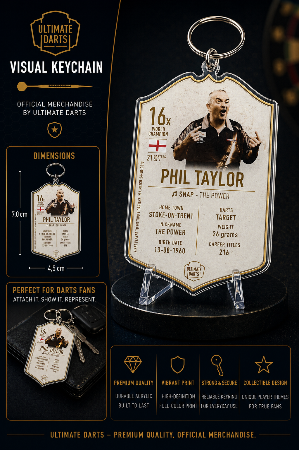 Ultimate Darts Phil Taylor The Immortals Plexiglass Keychain