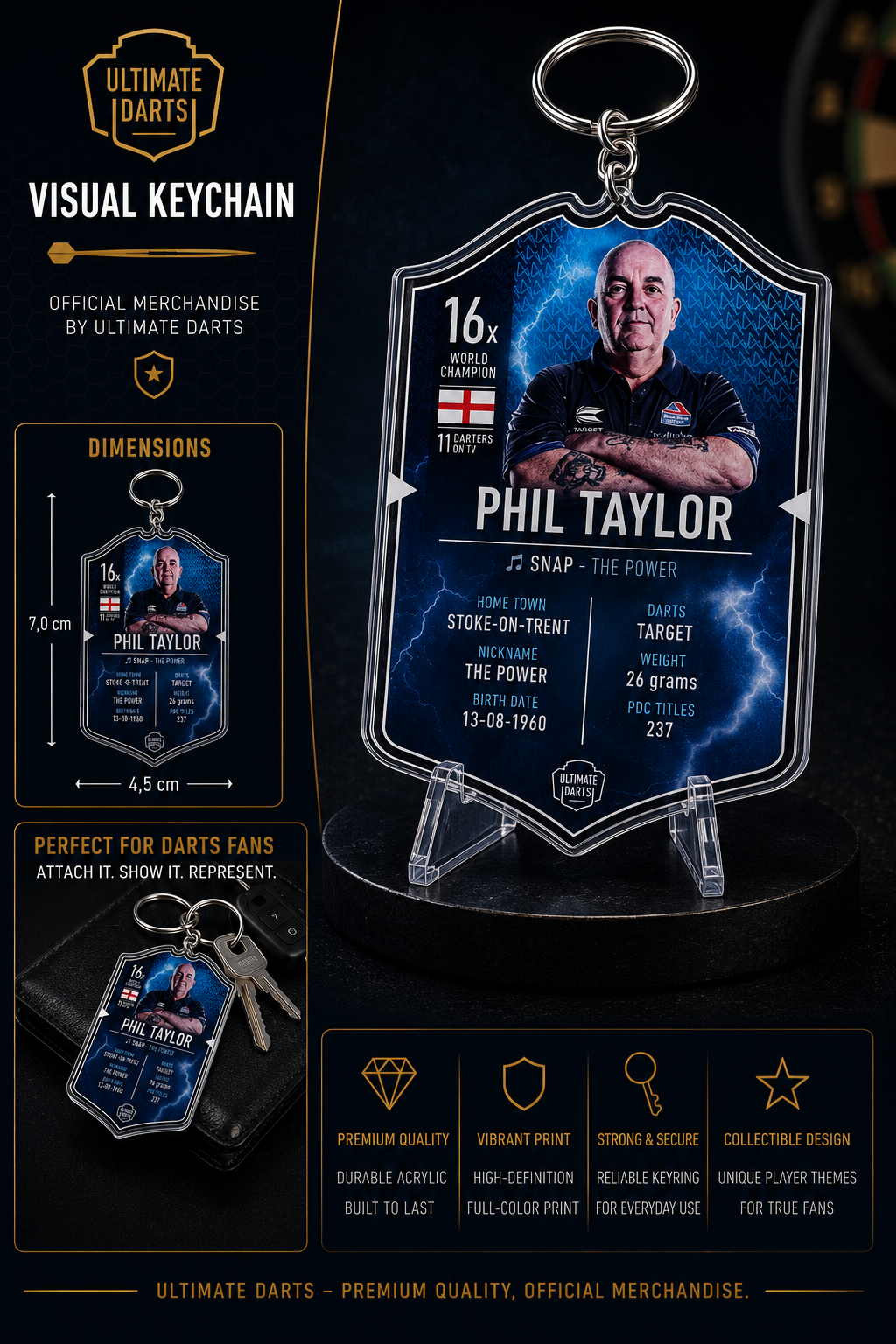 Ultimate Darts Phil Taylor Plexiglass Keychain